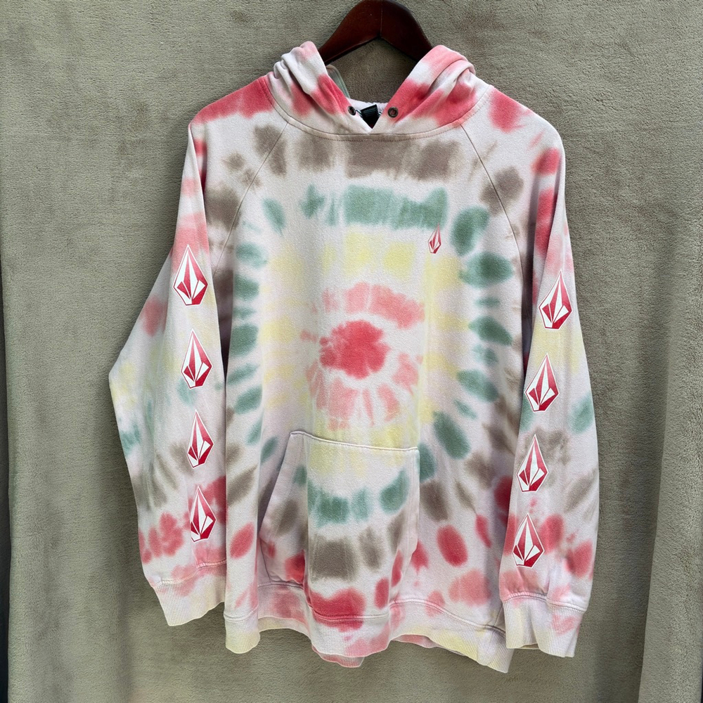 Volcom M Tie-Dye Hoodie Pink Green Yellow Pullover Y2K Skate Surf Retro